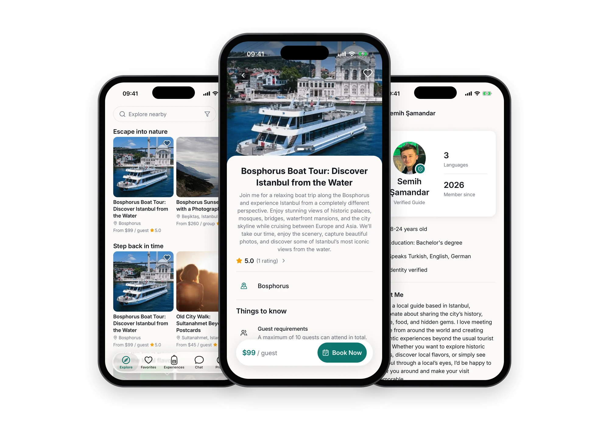 Three phones showing Evia's explore feed, a Bosphorus boat tour experience and Semih Şamandar's guide profile