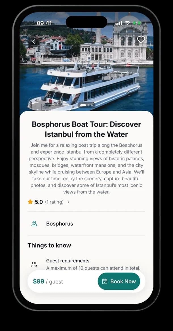 Phone showing an Evia experience page for a Bosphorus boat tour