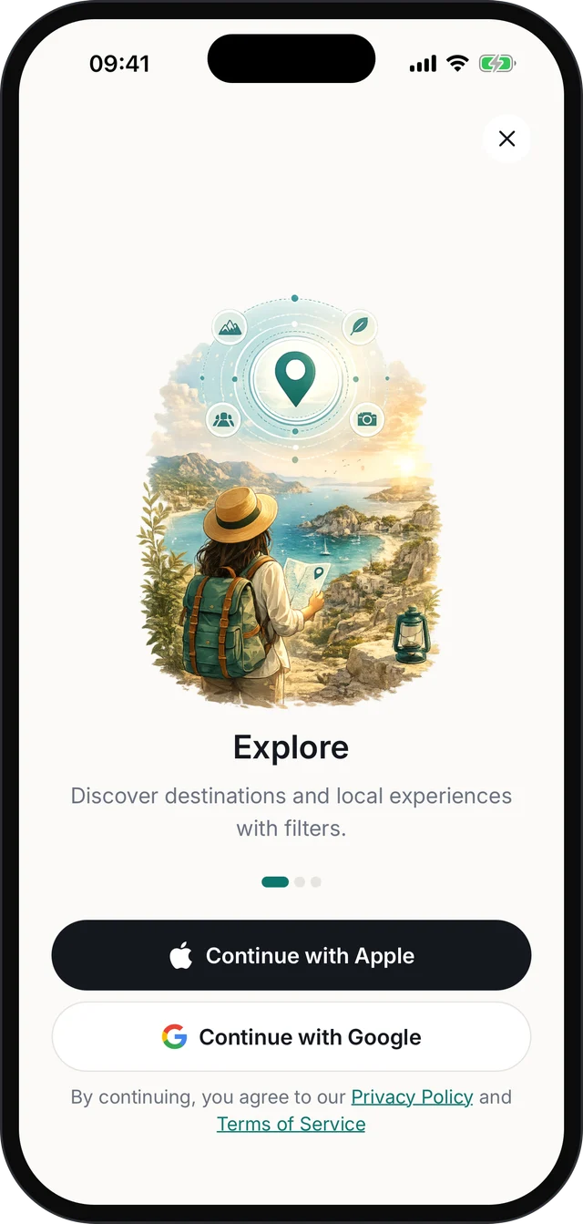 Evia onboarding slide: Explore, discover destinations and local experiences with filters