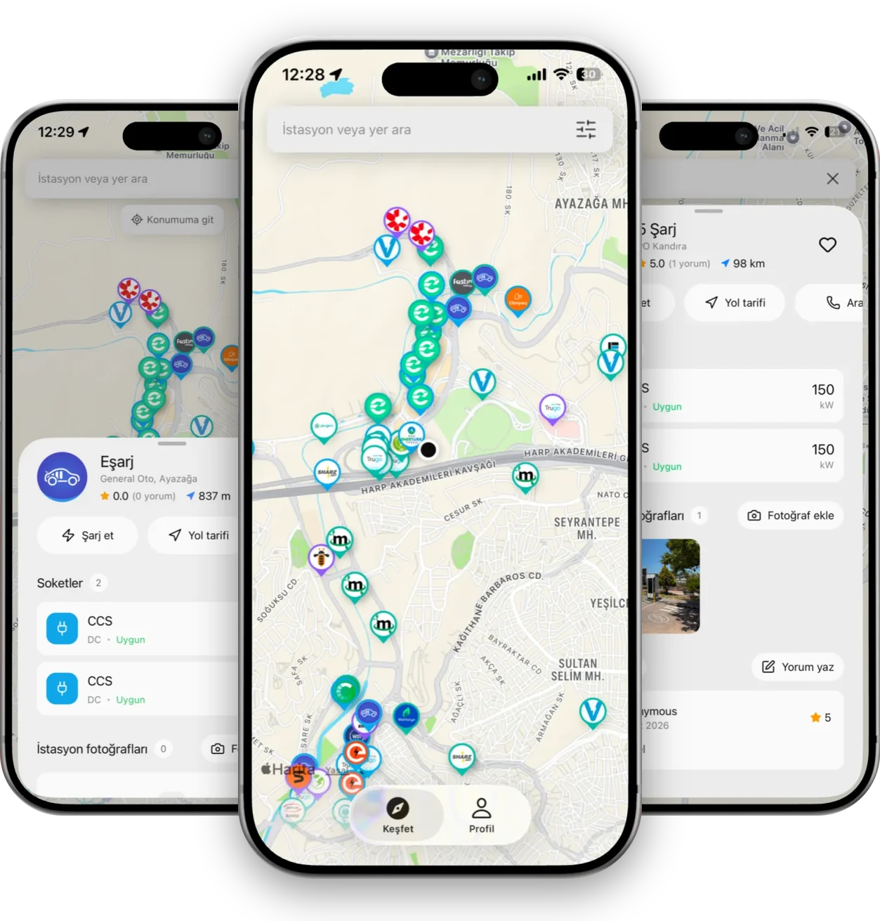 Three phones showing Kilowatt's station map, a station's sockets and its photos and reviews