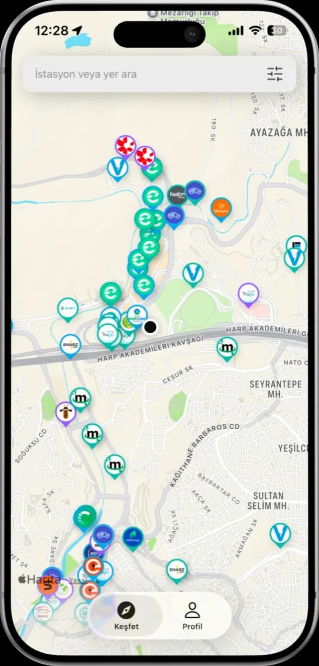 Phone showing Kilowatt's map with charging stations from many operators