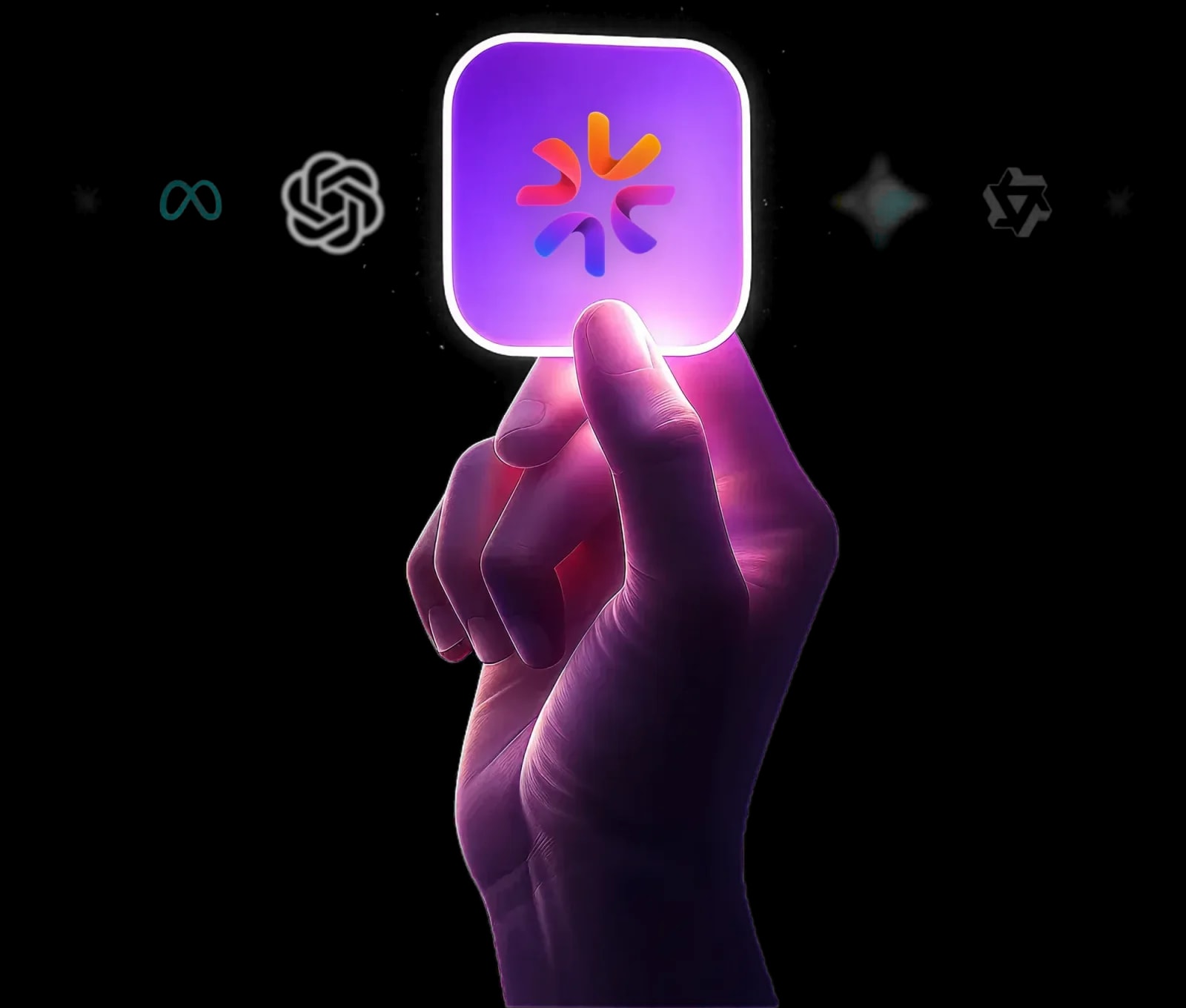 A hand holding the glowing Nami app icon between the logos of other AI providers