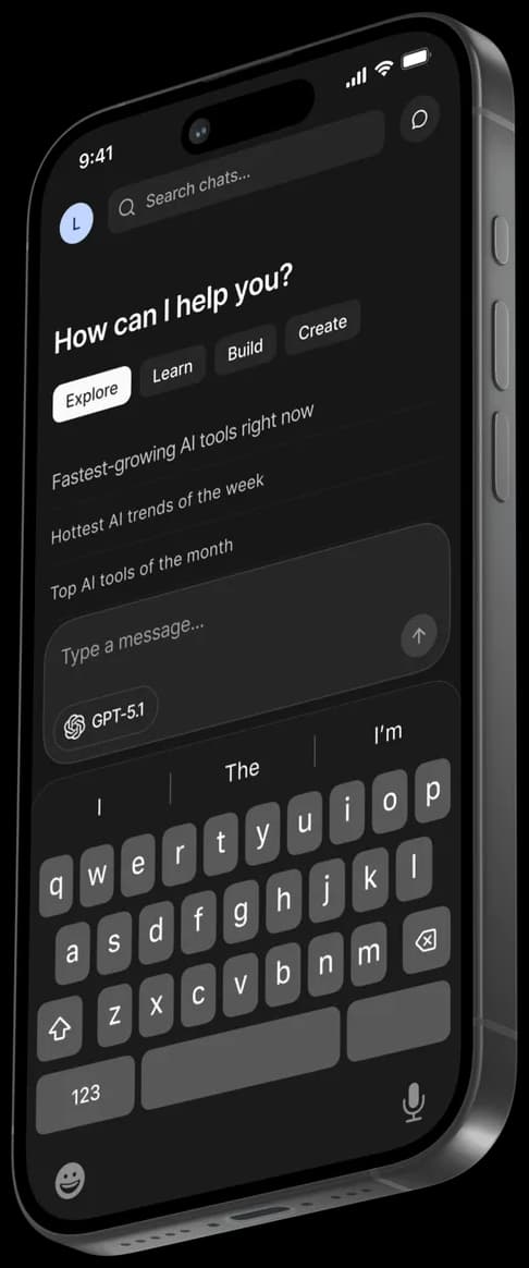 Phone showing Nami's chat home screen with the GPT-5.1 model selected